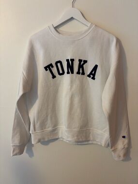 Champion Med White Crewneck Sweatshirt with Navy TONKA Lettering